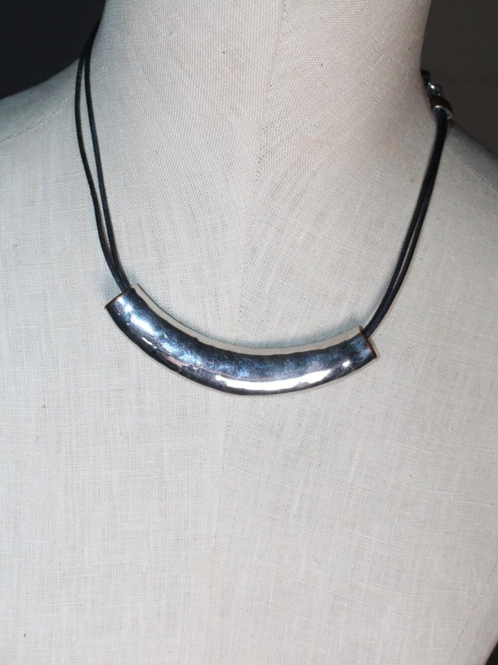 Chico's 19" Large Silver Tone Bar on Black Cord Necklace